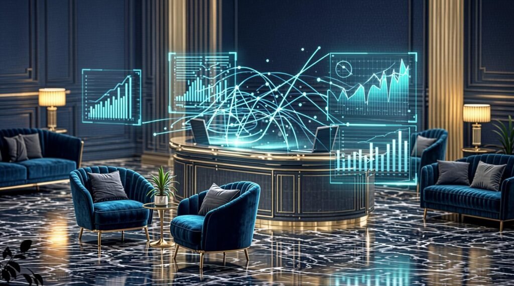 Couverture du guide professionnel Le Revenue Manager 2.0 montrant une main humaine touchant un cerveau numérique géométrique, sur fond sombre et minimaliste, évoquant le contrôle et la stratégie par l'IA