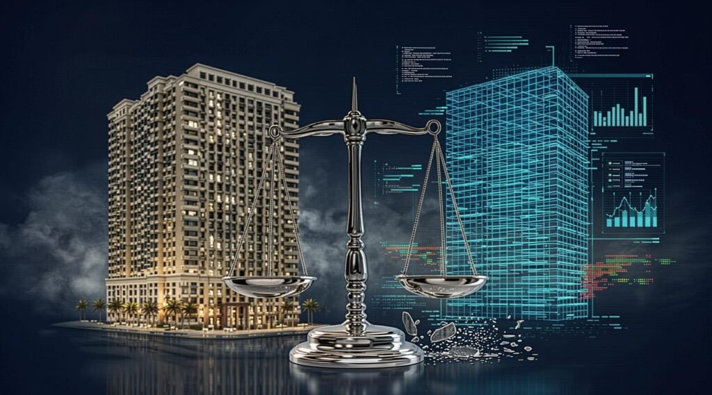 Illustration 3D conceptuelle comparant deux immeubles identiques : l'un représentant la stratégie humaine rentable (lumière dorée) et l'autre l'algorithme générique (fils bleus froids), illustrant la supériorité de l'analyse humaine sur l'automatisation en revenu management